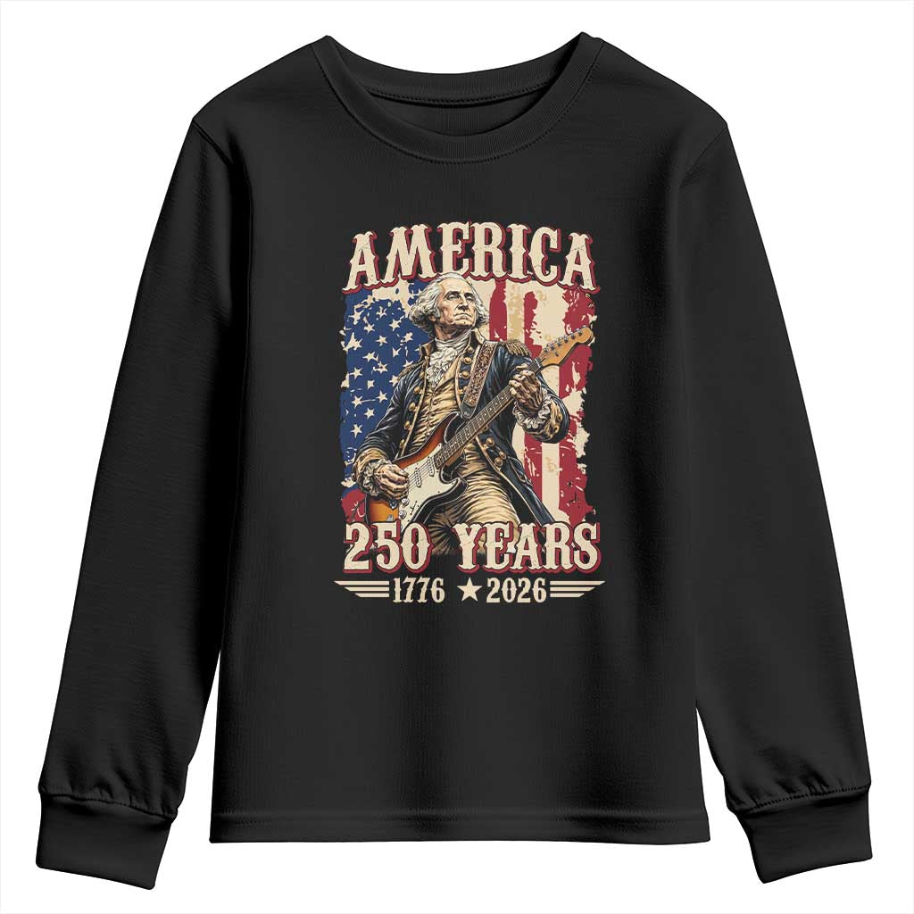 America 250 Years George Washington Rock Star Youth Sweatshirt Funny Electric Guitar Player Vintage American Flag 1776 to 2026 Semiquincentennial
