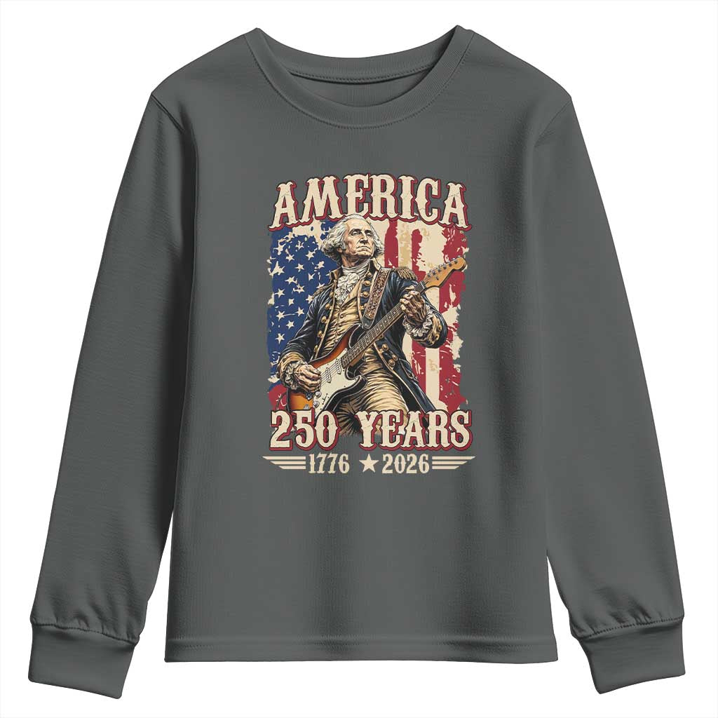 America 250 Years George Washington Rock Star Youth Sweatshirt Funny Electric Guitar Player Vintage American Flag 1776 to 2026 Semiquincentennial