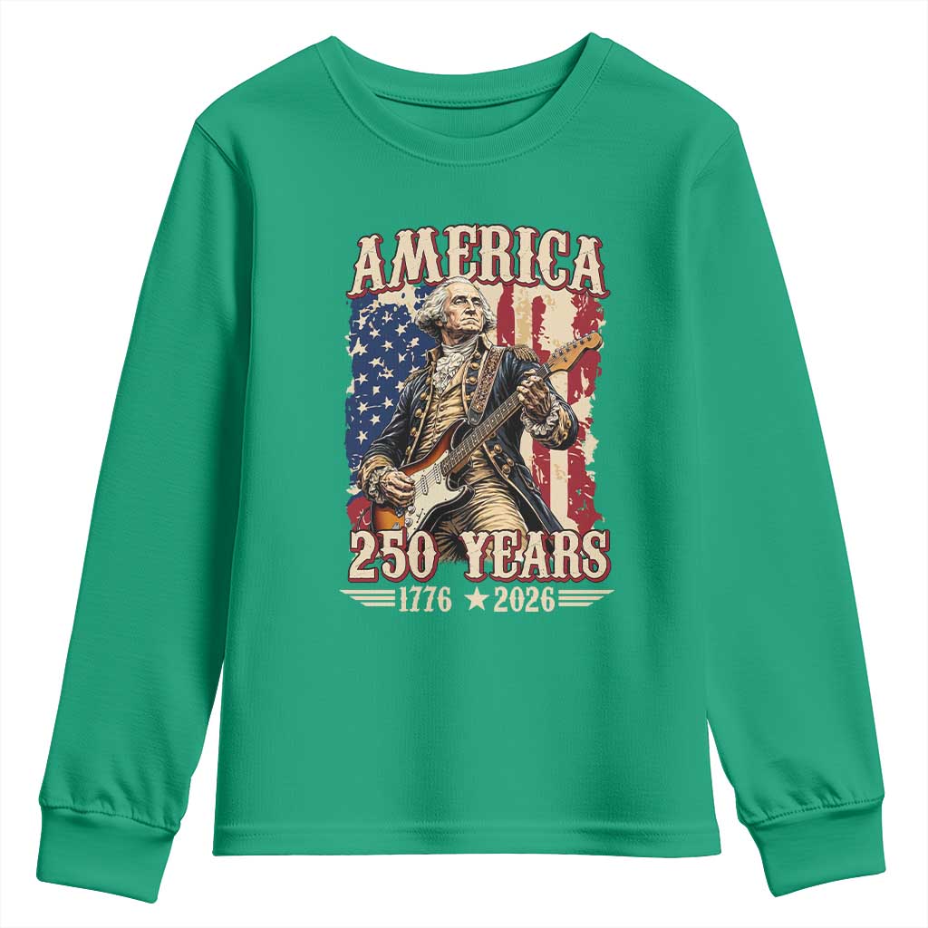America 250 Years George Washington Rock Star Youth Sweatshirt Funny Electric Guitar Player Vintage American Flag 1776 to 2026 Semiquincentennial