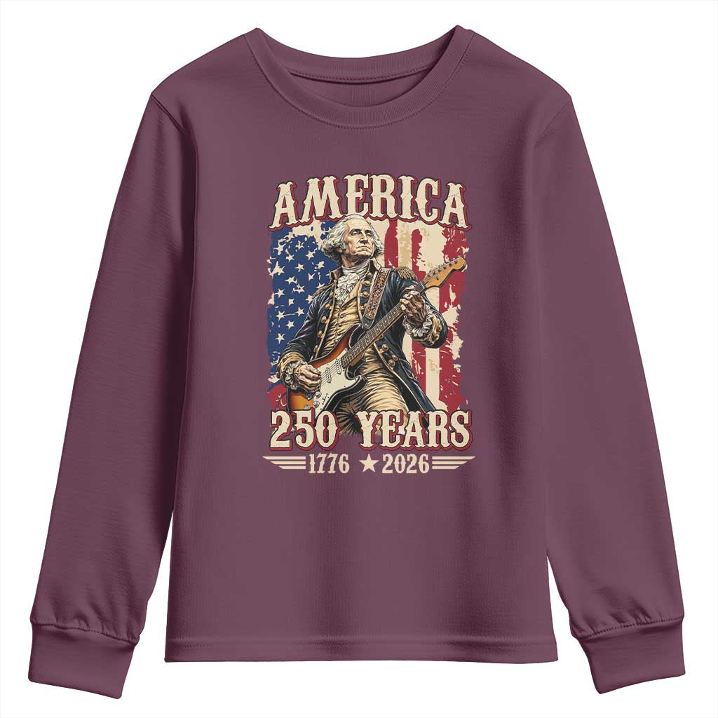 America 250 Years George Washington Rock Star Youth Sweatshirt Funny Electric Guitar Player Vintage American Flag 1776 to 2026 Semiquincentennial