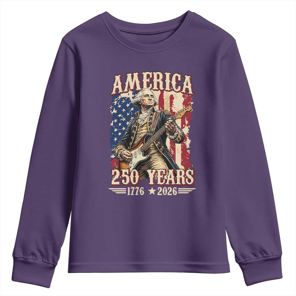 America 250 Years George Washington Rock Star Youth Sweatshirt Funny Electric Guitar Player Vintage American Flag 1776 to 2026 Semiquincentennial