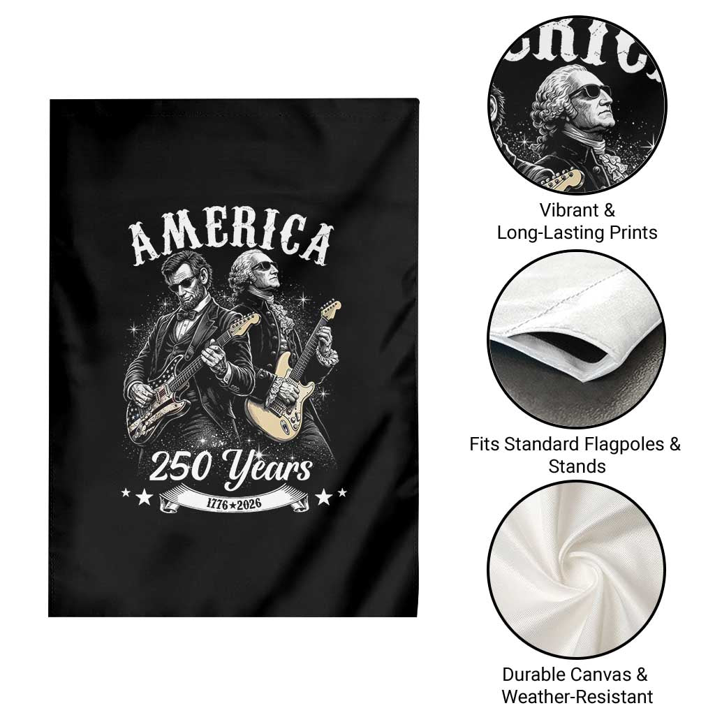 America 250 Years Abraham Lincoln and George Washington Rock Concert Garden Flag Presidents Jamming Electric Guitars 1776 to 2026 Semiquincentennial