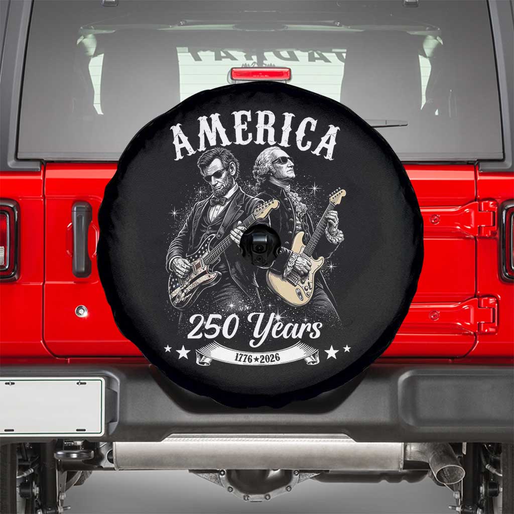 America 250 Years Abraham Lincoln and George Washington Rock Concert Spare Tire Cover Presidents Jamming Electric Guitars 1776 to 2026 Semiquincentennial