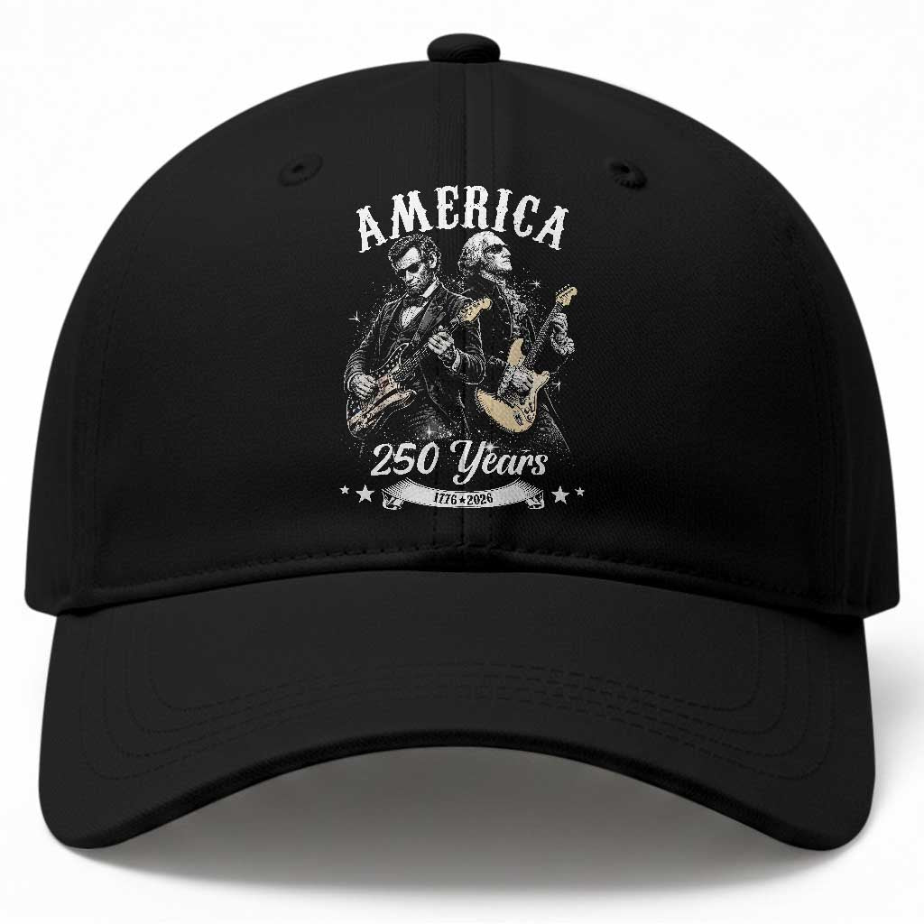 America 250 Years Abraham Lincoln and George Washington Rock Concert Baseball Cap Presidents Jamming Electric Guitars 1776 to 2026 Semiquincentennial