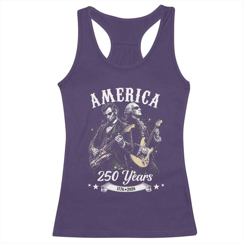 America 250 Years Abraham Lincoln and George Washington Rock Concert Racerback Tank Top Presidents Jamming Electric Guitars 1776 to 2026 Semiquincentennial