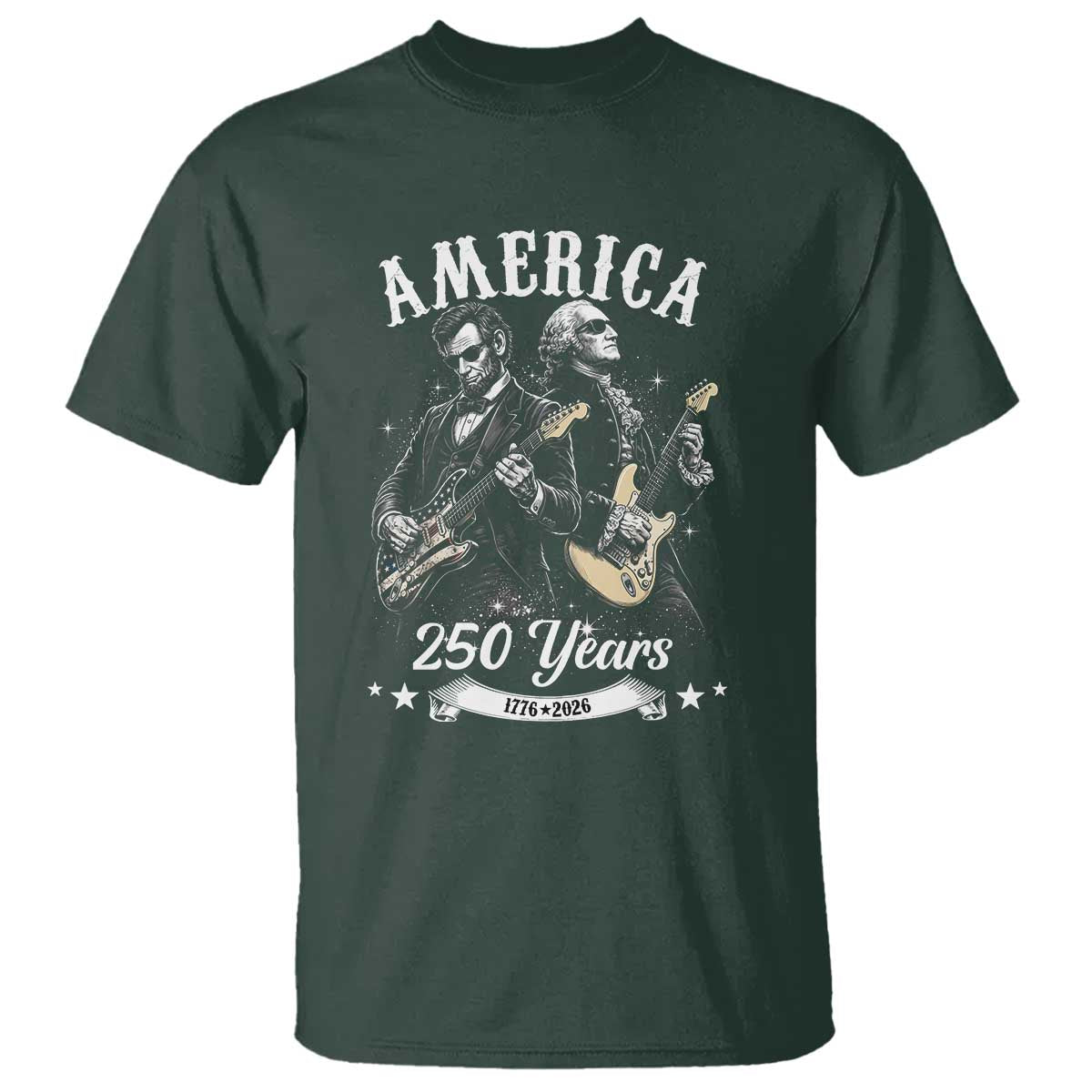 America 250 Years Abraham Lincoln and George Washington Rock Concert T Shirt Presidents Jamming Electric Guitars 1776 to 2026 Semiquincentennial