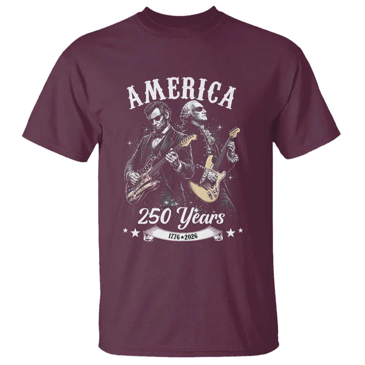 America 250 Years Abraham Lincoln and George Washington Rock Concert T Shirt Presidents Jamming Electric Guitars 1776 to 2026 Semiquincentennial