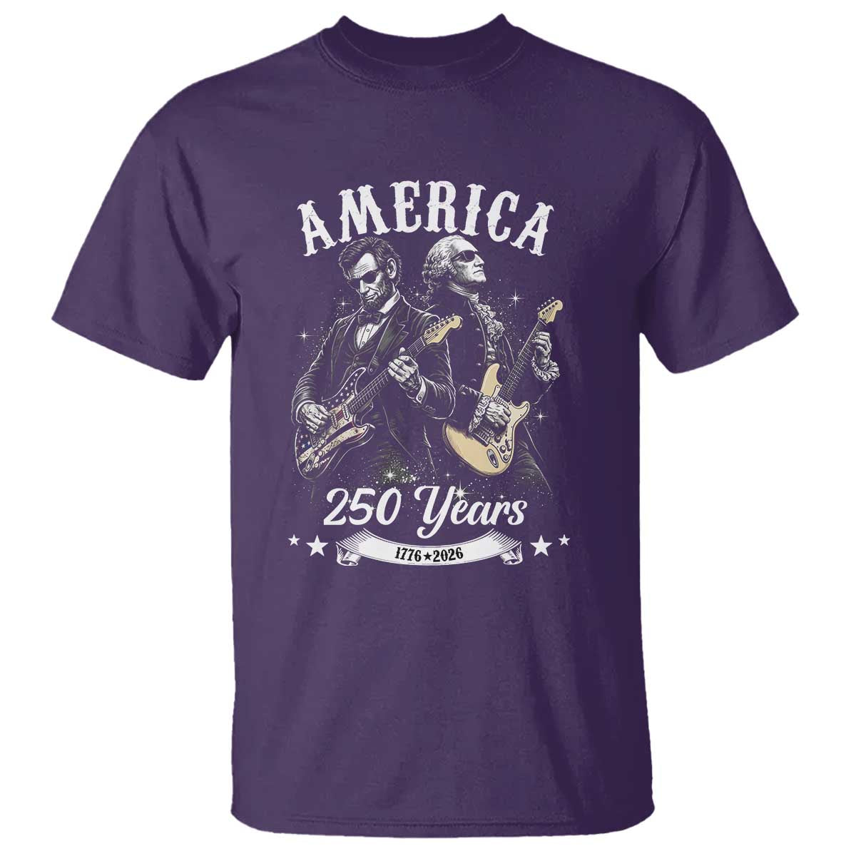 America 250 Years Abraham Lincoln and George Washington Rock Concert T Shirt Presidents Jamming Electric Guitars 1776 to 2026 Semiquincentennial