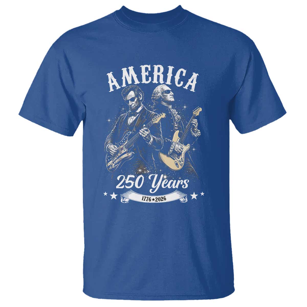 America 250 Years Abraham Lincoln and George Washington Rock Concert T Shirt Presidents Jamming Electric Guitars 1776 to 2026 Semiquincentennial