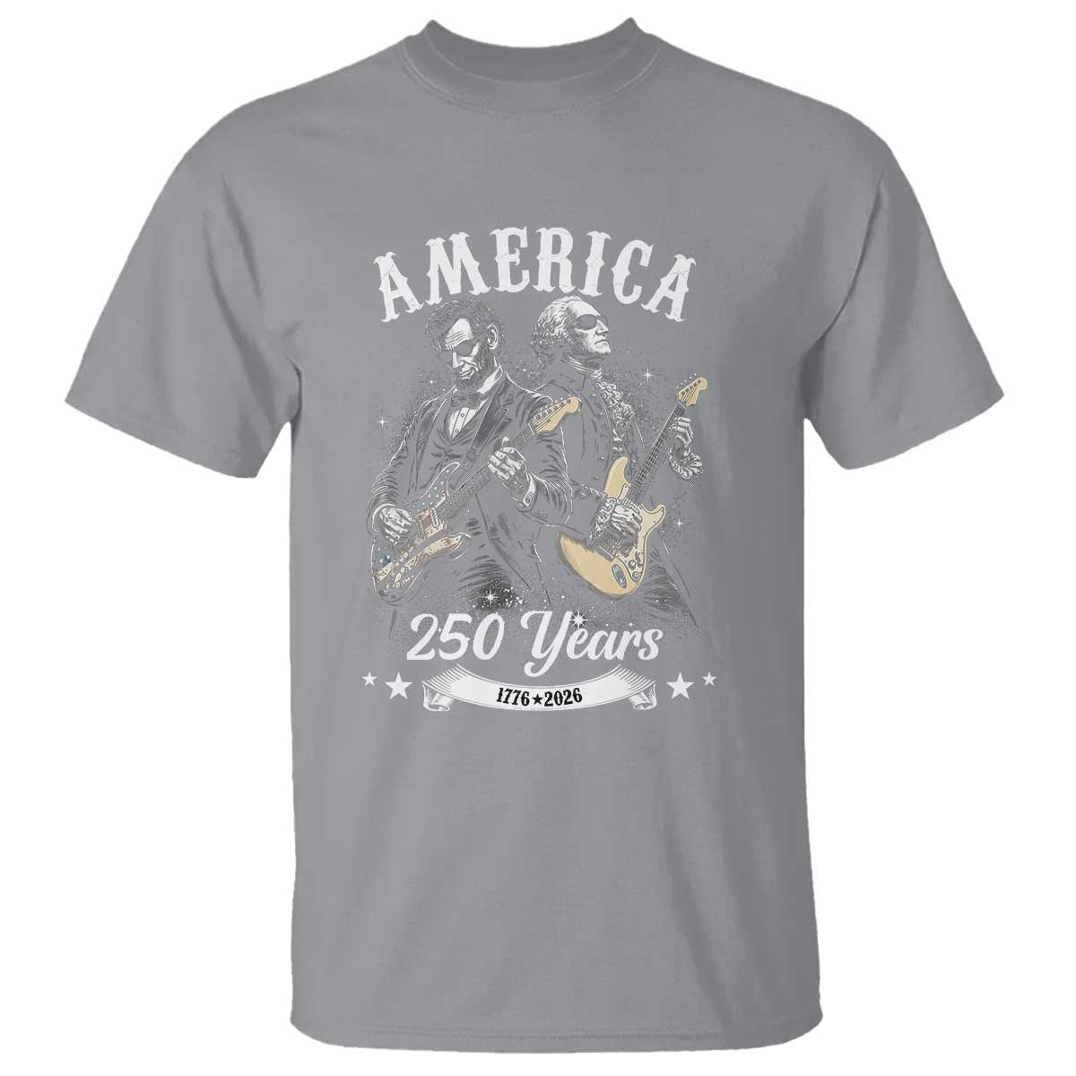 America 250 Years Abraham Lincoln and George Washington Rock Concert T Shirt Presidents Jamming Electric Guitars 1776 to 2026 Semiquincentennial