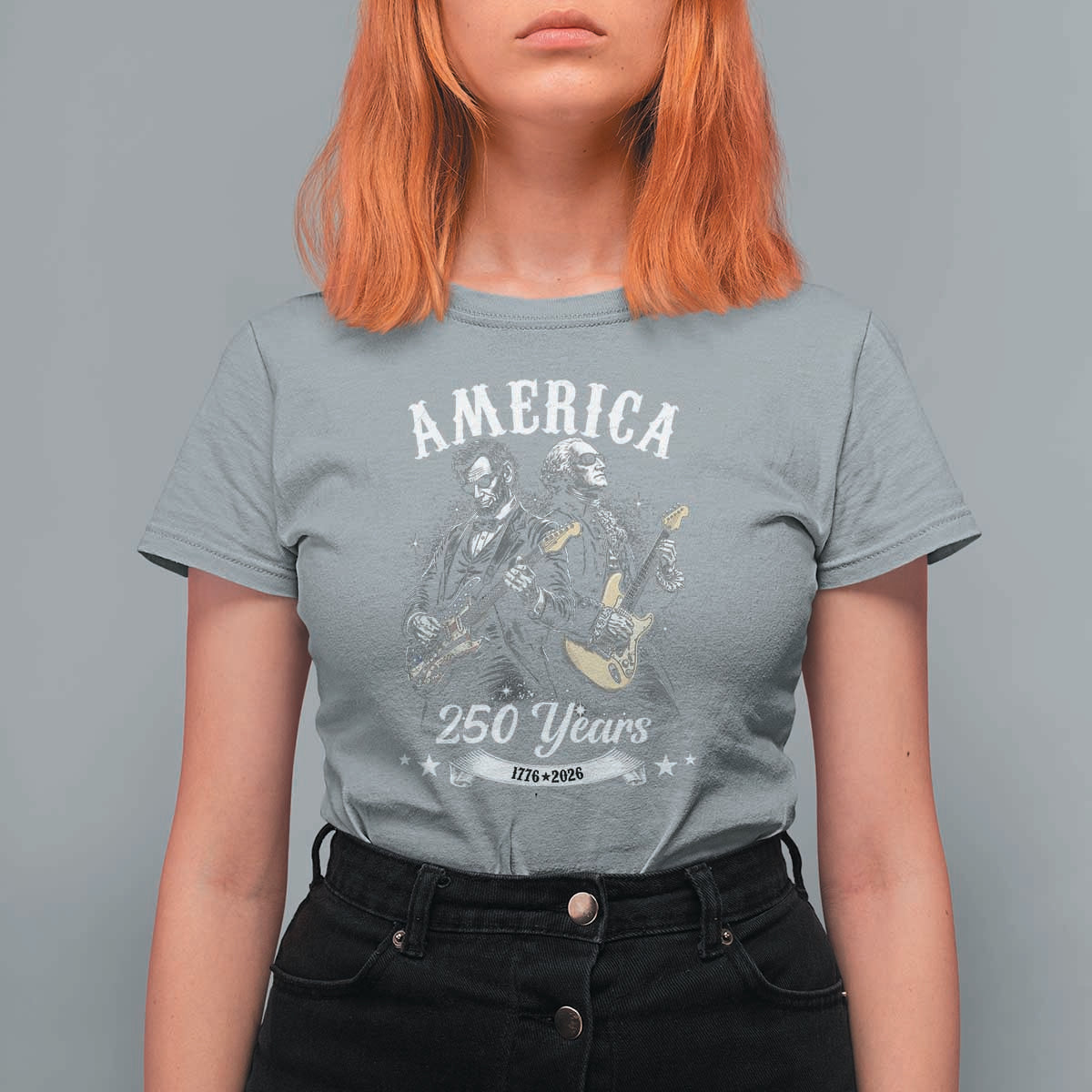 America 250 Years Abraham Lincoln and George Washington Rock Concert T Shirt For Women Presidents Jamming Electric Guitars 1776 to 2026 Semiquincentennial