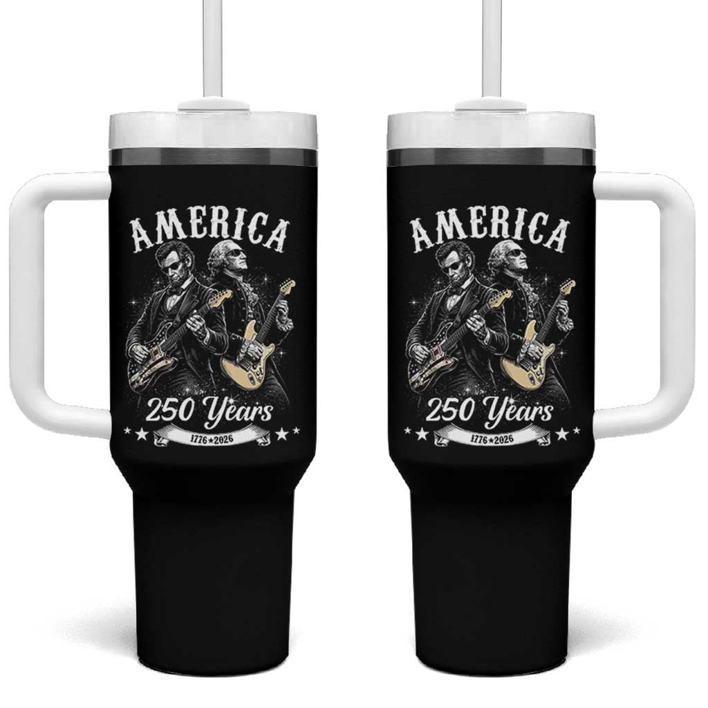 America 250 Years Abraham Lincoln and George Washington Rock Concert Tumbler With Handle Presidents Jamming Electric Guitars 1776 to 2026 Semiquincentennial