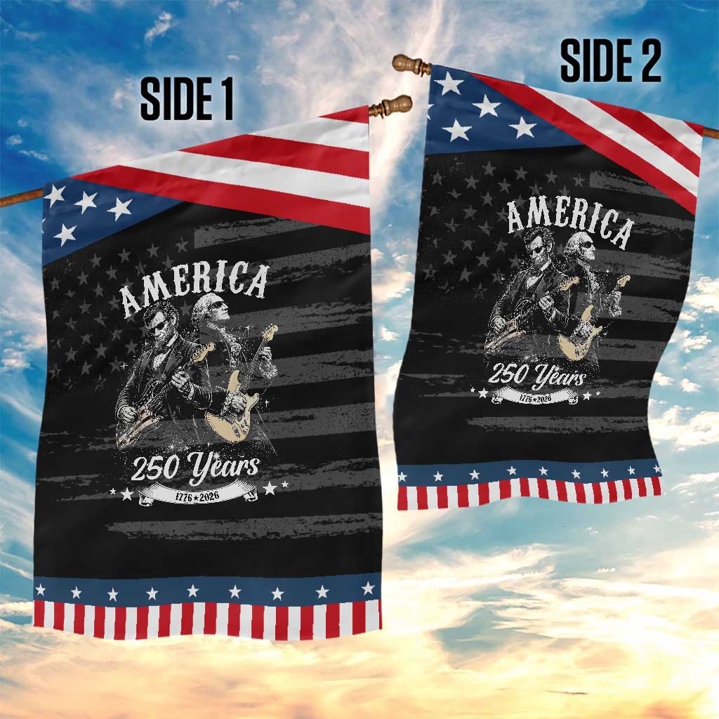 America 250 Years Abraham Lincoln and George Washington Rock Concert Patriotic Garden Flag Presidents Jamming Electric Guitars 1776 to 2026 Semiquincentennial