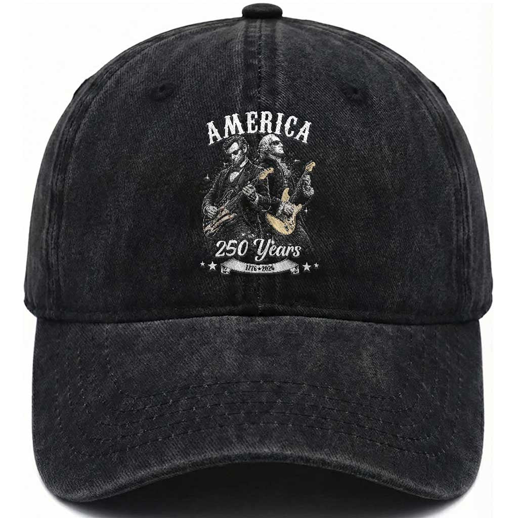 America 250 Years Abraham Lincoln and George Washington Rock Concert Washed Cotton Baseball Cap Presidents Jamming Electric Guitars 1776 to 2026 Semiquincentennial