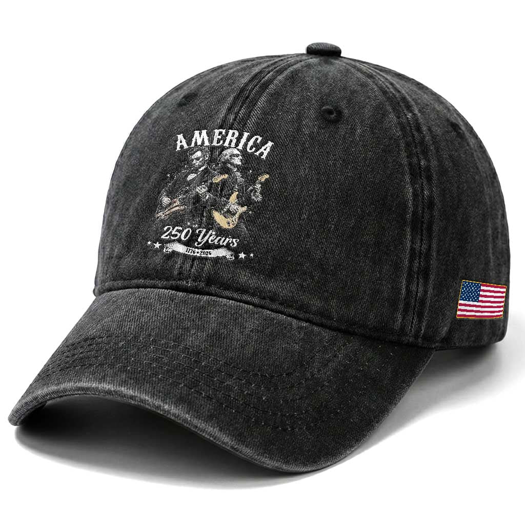 America 250 Years Abraham Lincoln and George Washington Rock Concert Washed Cotton Baseball Cap Presidents Jamming Electric Guitars 1776 to 2026 Semiquincentennial