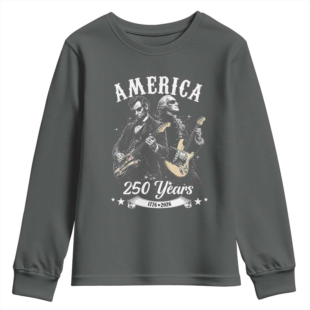 America 250 Years Abraham Lincoln and George Washington Rock Concert Youth Sweatshirt Presidents Jamming Electric Guitars 1776 to 2026 Semiquincentennial