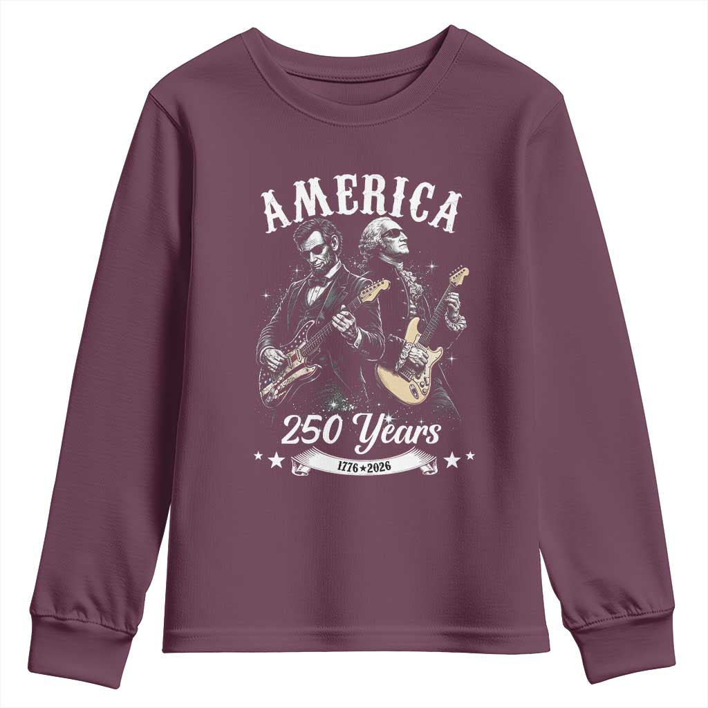 America 250 Years Abraham Lincoln and George Washington Rock Concert Youth Sweatshirt Presidents Jamming Electric Guitars 1776 to 2026 Semiquincentennial