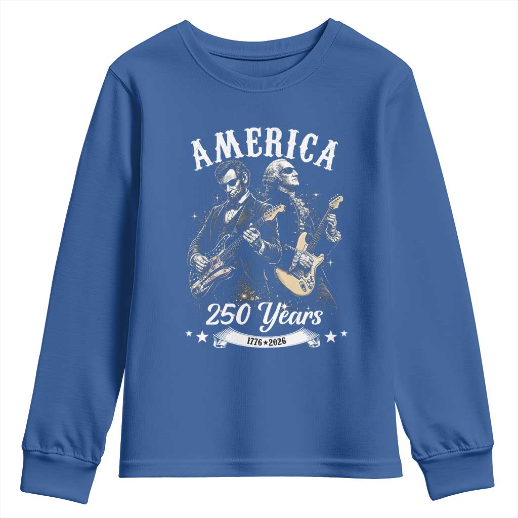 America 250 Years Abraham Lincoln and George Washington Rock Concert Youth Sweatshirt Presidents Jamming Electric Guitars 1776 to 2026 Semiquincentennial