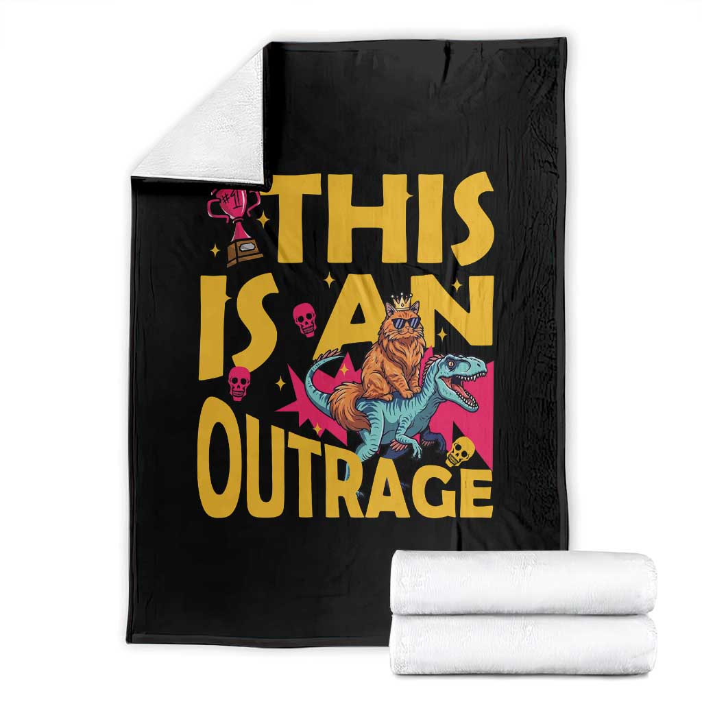 This Is An Outrage Sassy Cat Riding Raptor Dinosaur Throw Blanket Retro Pop Art Graphic