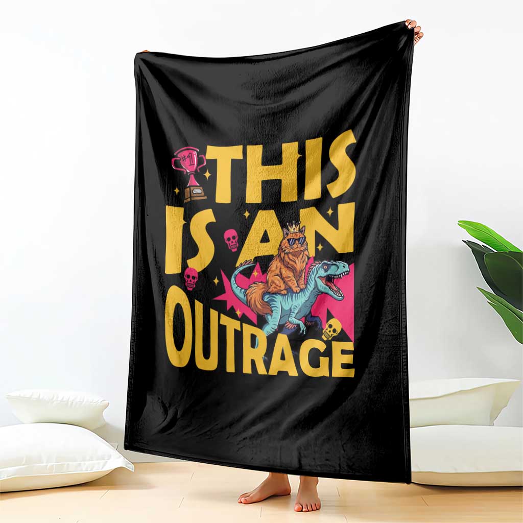 This Is An Outrage Sassy Cat Riding Raptor Dinosaur Throw Blanket Retro Pop Art Graphic