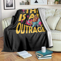 This Is An Outrage Sassy Cat Riding Raptor Dinosaur Throw Blanket Retro Pop Art Graphic