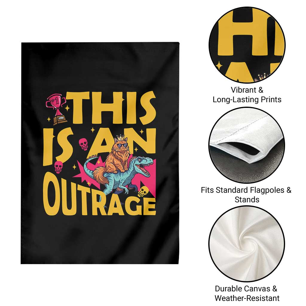 This Is An Outrage Sassy Cat Riding Raptor Dinosaur Garden Flag Retro Pop Art Graphic