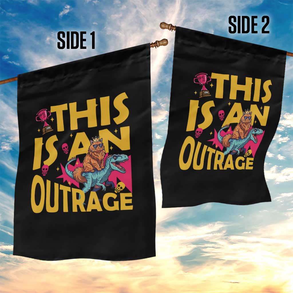 This Is An Outrage Sassy Cat Riding Raptor Dinosaur Garden Flag Retro Pop Art Graphic
