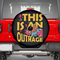 This Is An Outrage Sassy Cat Riding Raptor Dinosaur Spare Tire Cover Retro Pop Art Graphic