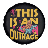 This Is An Outrage Sassy Cat Riding Raptor Dinosaur Spare Tire Cover Retro Pop Art Graphic