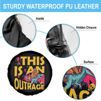 This Is An Outrage Sassy Cat Riding Raptor Dinosaur Spare Tire Cover Retro Pop Art Graphic