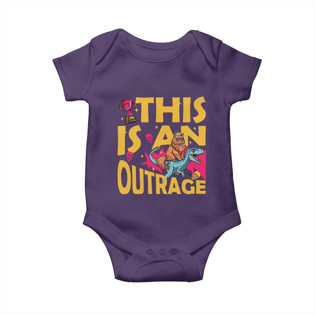This Is An Outrage Sassy Cat Riding Raptor Dinosaur Baby Onesie Retro Pop Art Graphic