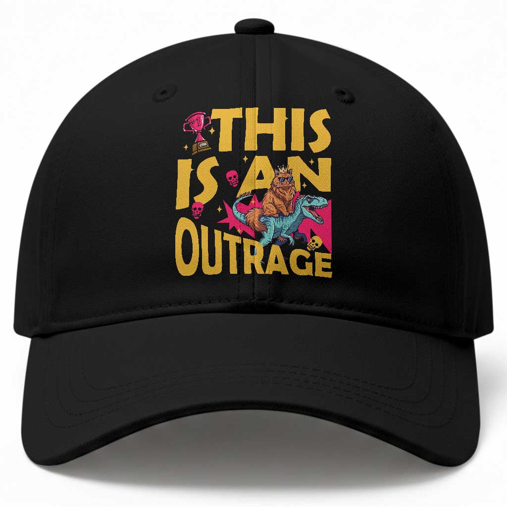 This Is An Outrage Sassy Cat Riding Raptor Dinosaur Baseball Cap Retro Pop Art Graphic