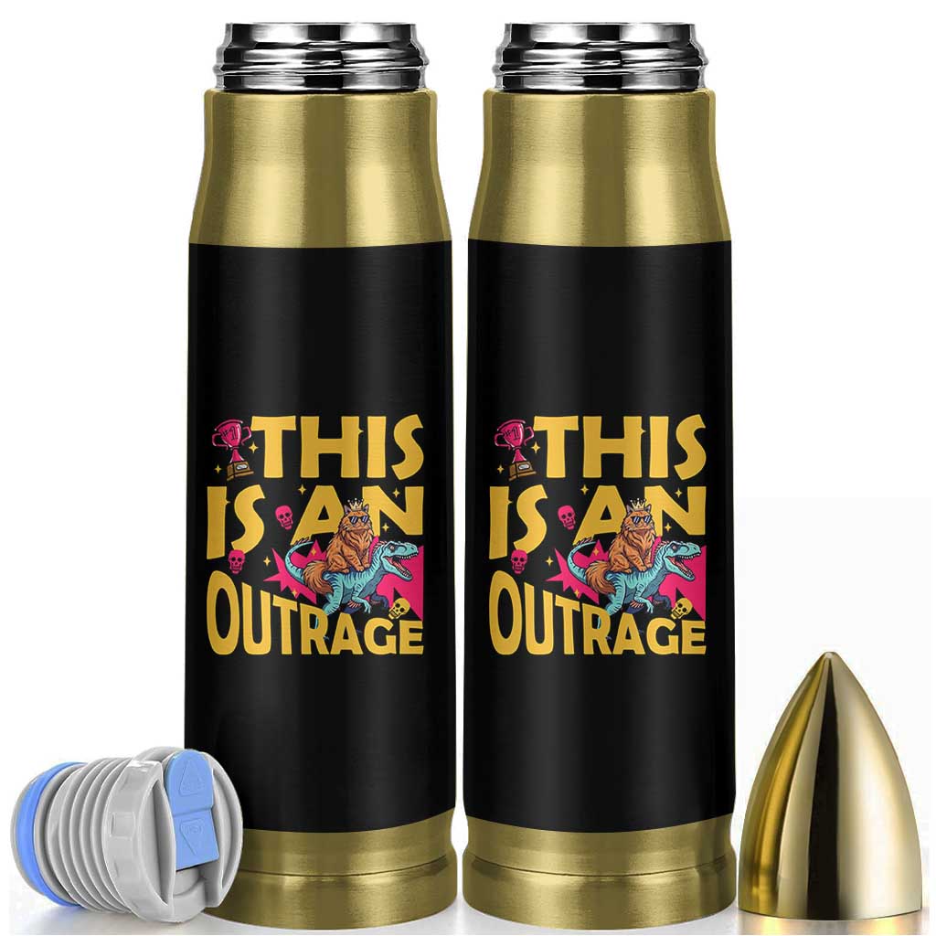 This Is An Outrage Sassy Cat Riding Raptor Dinosaur Bullet Tumbler Retro Pop Art Graphic