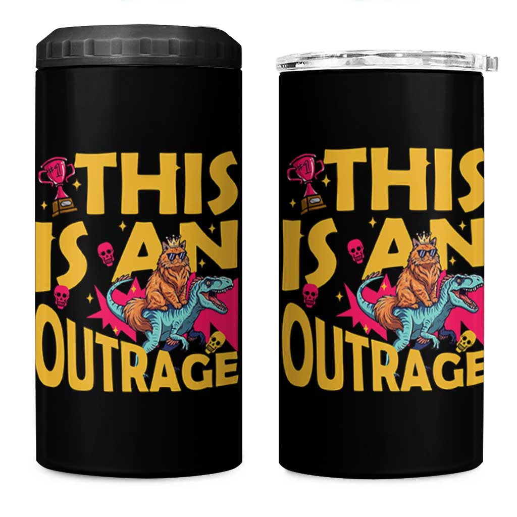 This Is An Outrage Sassy Cat Riding Raptor Dinosaur 4 in 1 Can Cooler Tumbler Retro Pop Art Graphic