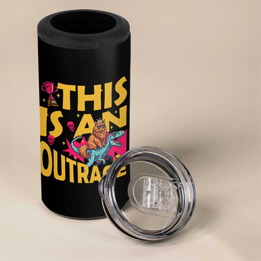 This Is An Outrage Sassy Cat Riding Raptor Dinosaur 4 in 1 Can Cooler Tumbler Retro Pop Art Graphic