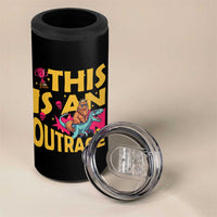 This Is An Outrage Sassy Cat Riding Raptor Dinosaur 4 in 1 Can Cooler Tumbler Retro Pop Art Graphic