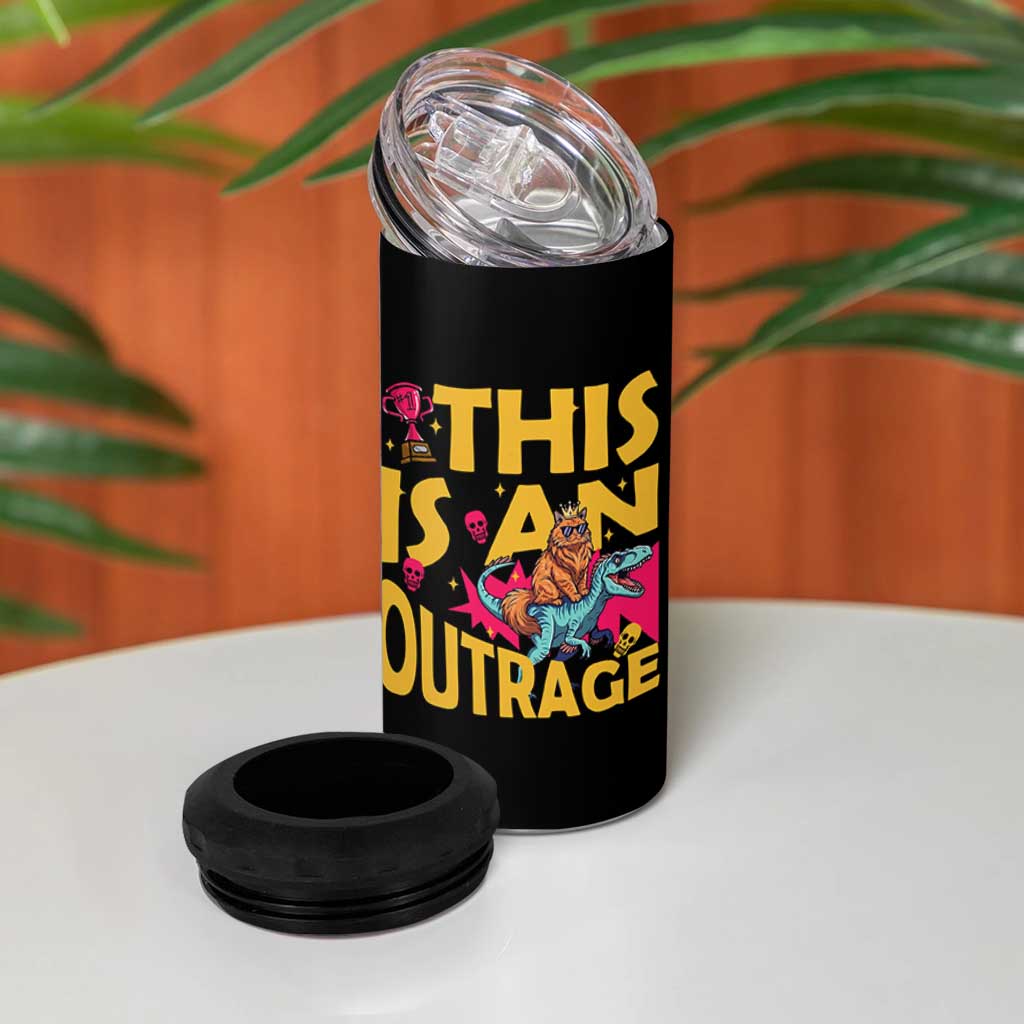 This Is An Outrage Sassy Cat Riding Raptor Dinosaur 4 in 1 Can Cooler Tumbler Retro Pop Art Graphic