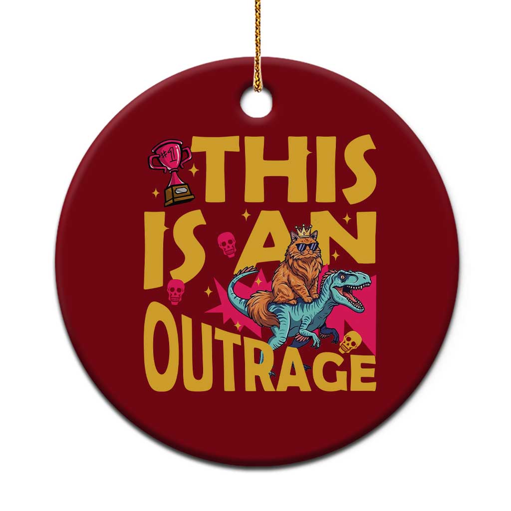 This Is An Outrage Sassy Cat Riding Raptor Dinosaur Ceramic Ornament Retro Pop Art Graphic