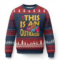 This Is An Outrage Sassy Cat Riding Raptor Dinosaur Ugly Christmas Sweater Retro Pop Art Graphic