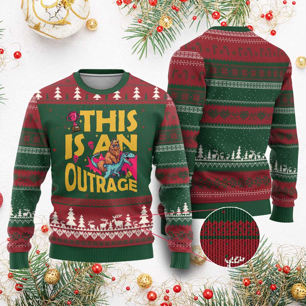 This Is An Outrage Sassy Cat Riding Raptor Dinosaur Ugly Christmas Sweater Retro Pop Art Graphic