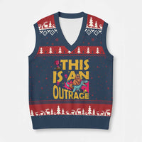This Is An Outrage Sassy Cat Riding Raptor Dinosaur V-Neck Knit Sweater Vest Retro Pop Art Graphic