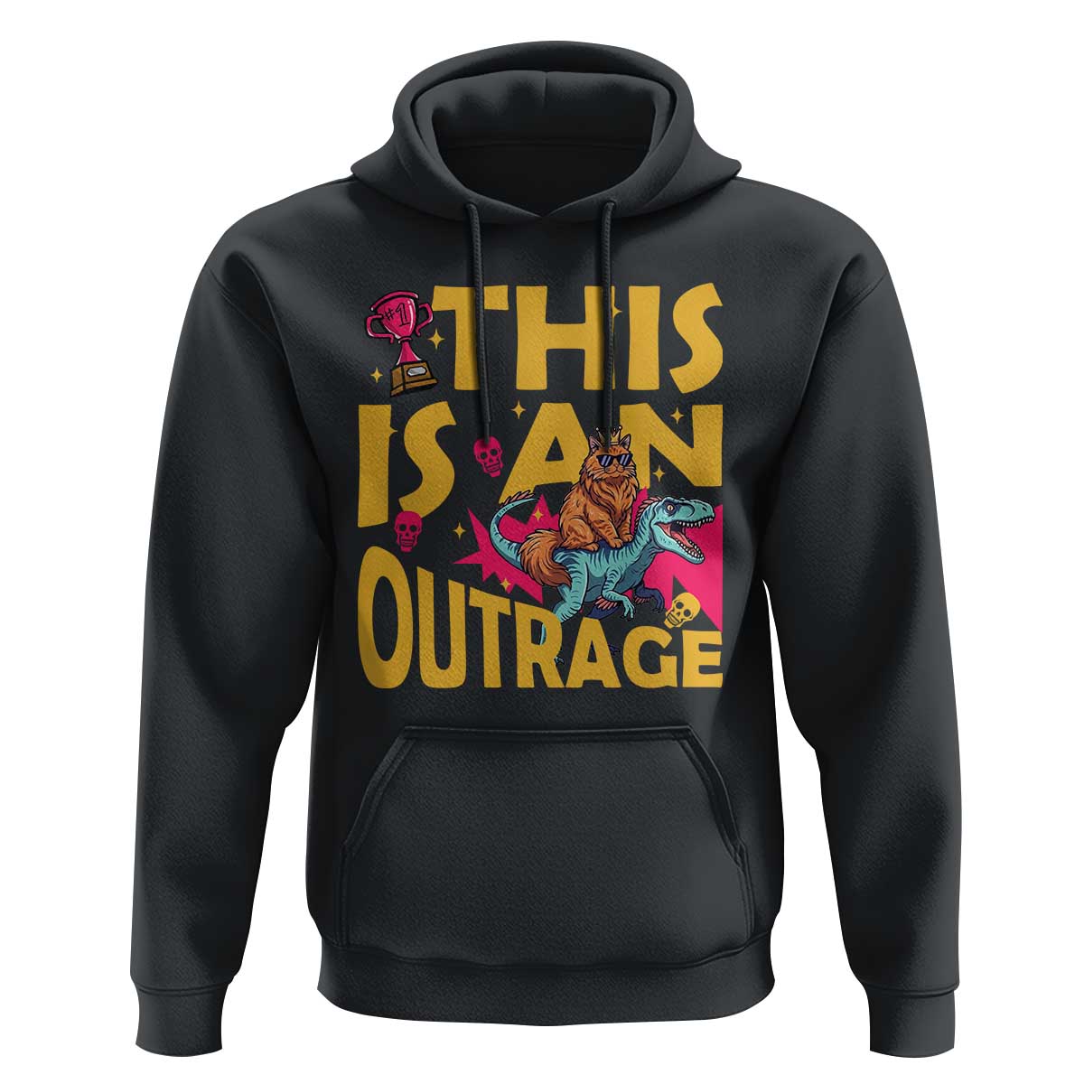 This Is An Outrage Sassy Cat Riding Raptor Dinosaur Hoodie Retro Pop Art Graphic