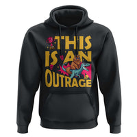 This Is An Outrage Sassy Cat Riding Raptor Dinosaur Hoodie Retro Pop Art Graphic