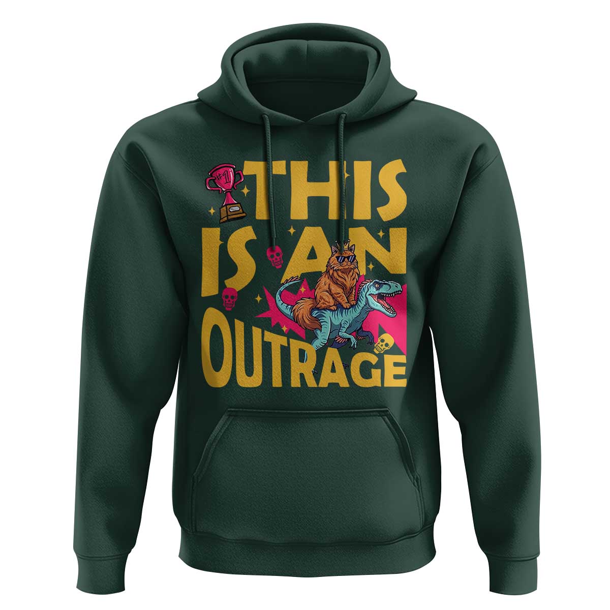 This Is An Outrage Sassy Cat Riding Raptor Dinosaur Hoodie Retro Pop Art Graphic