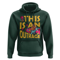 This Is An Outrage Sassy Cat Riding Raptor Dinosaur Hoodie Retro Pop Art Graphic