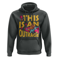 This Is An Outrage Sassy Cat Riding Raptor Dinosaur Hoodie Retro Pop Art Graphic