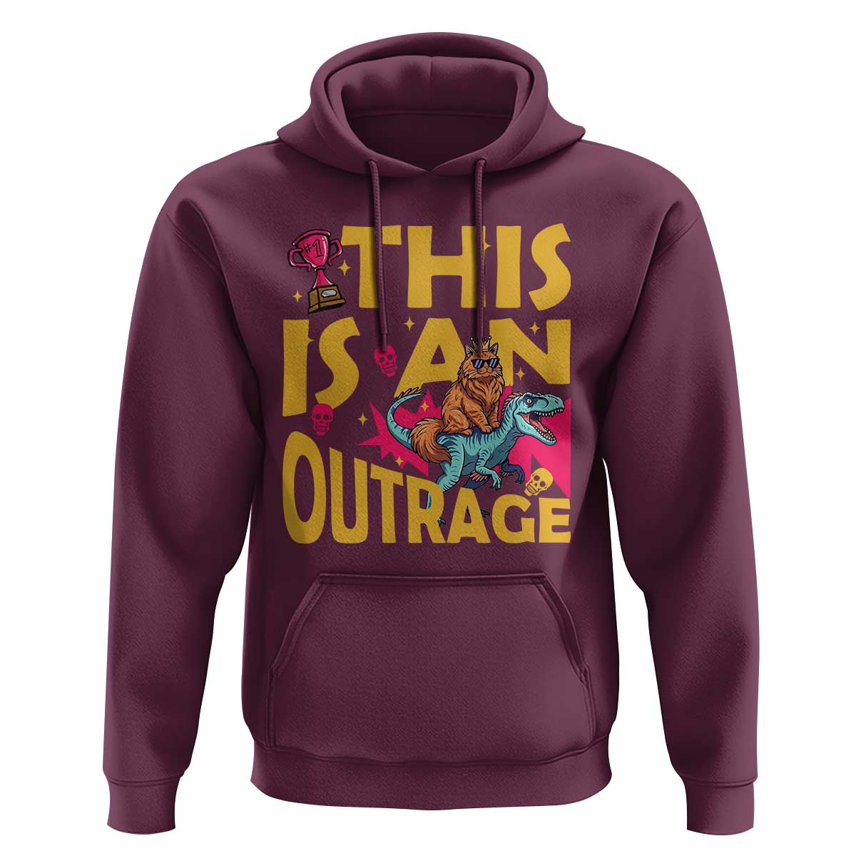 This Is An Outrage Sassy Cat Riding Raptor Dinosaur Hoodie Retro Pop Art Graphic