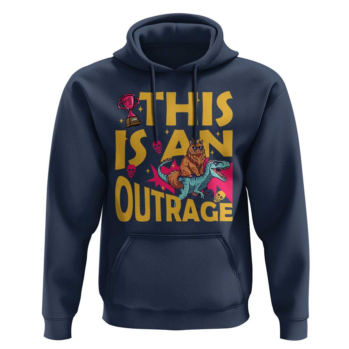 This Is An Outrage Sassy Cat Riding Raptor Dinosaur Hoodie Retro Pop Art Graphic