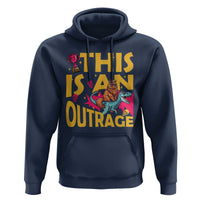 This Is An Outrage Sassy Cat Riding Raptor Dinosaur Hoodie Retro Pop Art Graphic