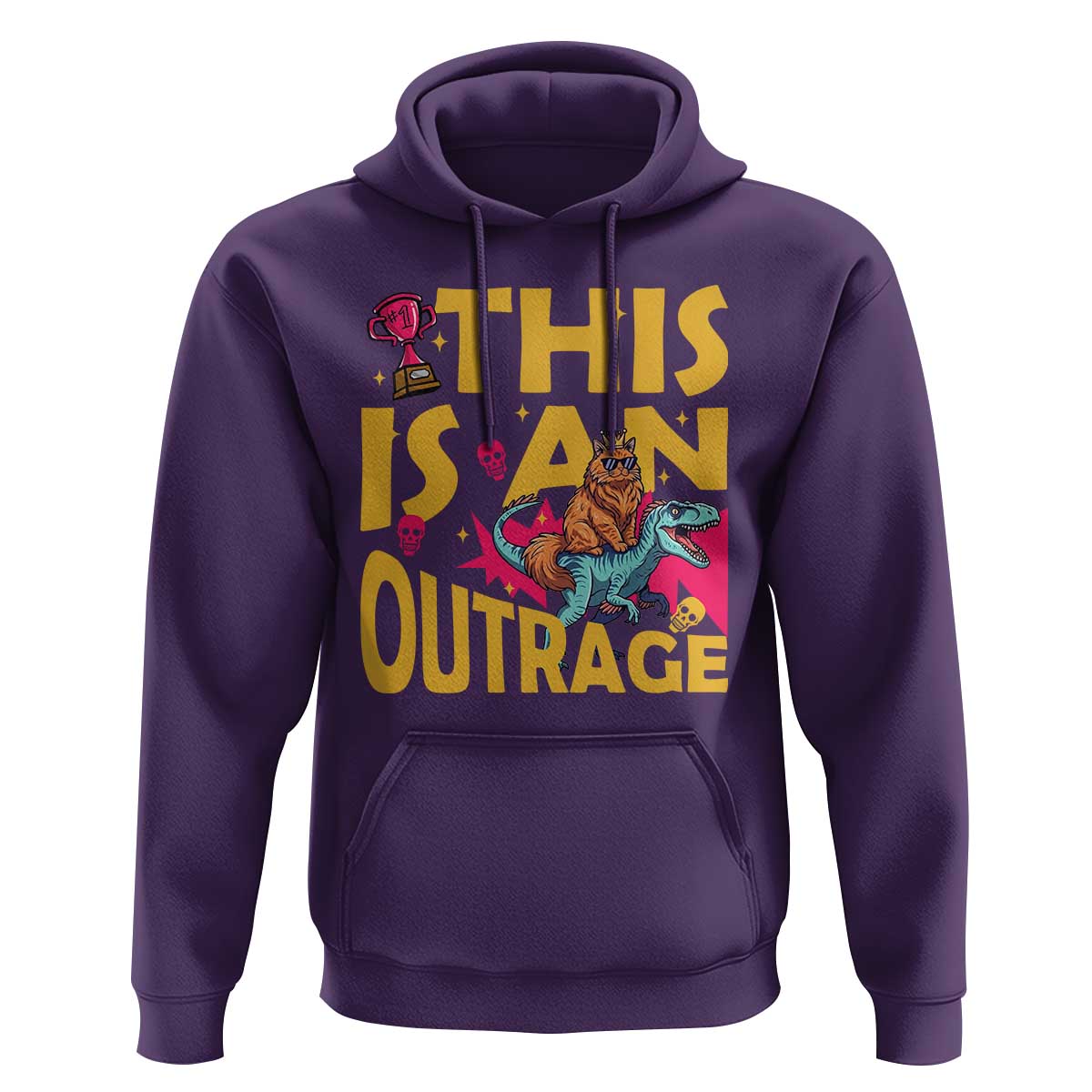 This Is An Outrage Sassy Cat Riding Raptor Dinosaur Hoodie Retro Pop Art Graphic